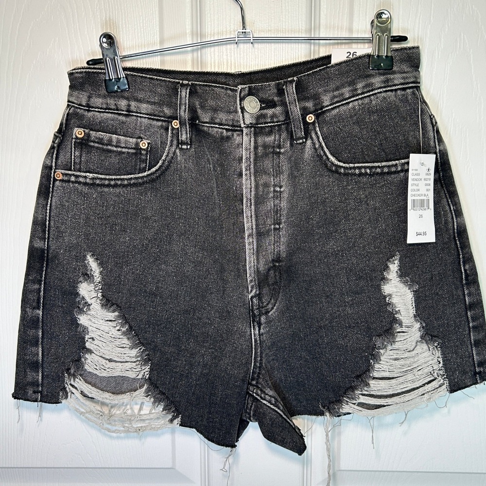 NWT PacSun Checker Black Ultra High Rise Vintage Cutoff Denim Shorts Size 26‎